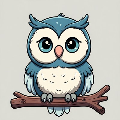 Cute blue cartoon owl on branch