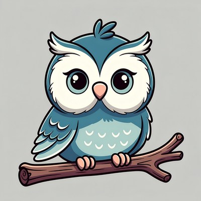 Cute blue cartoon owl on branch