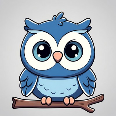 Cute blue cartoon owl on branch