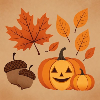 Autumn Jack-o-Lantern Acorns Leaves Illustration