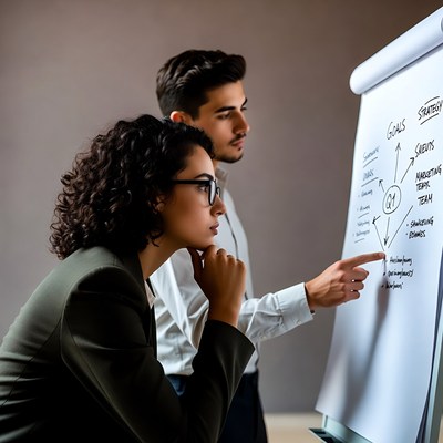 Man and woman discussing whiteboard strategy