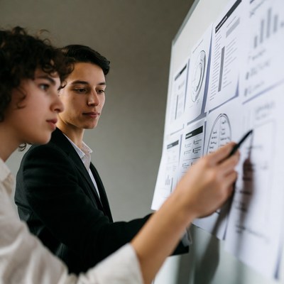 Young woman and man discussing whiteboard charts