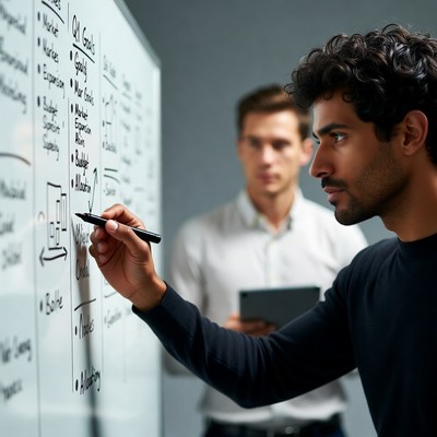 Man writing on whiteboard with colleague