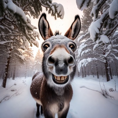 Donkey smiling in snowy forest