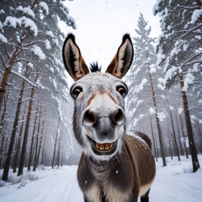 Donkey smiling in snowy forest