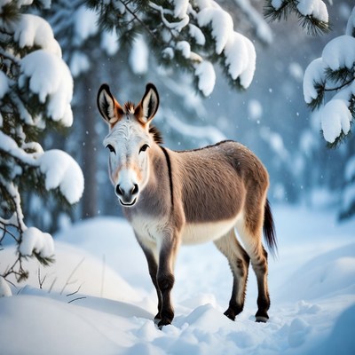 Donkey standing in snowy forest