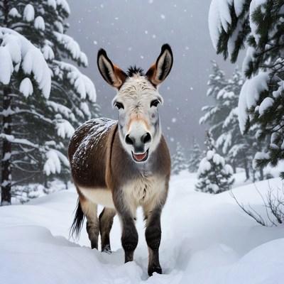 Donkey standing in snowy forest