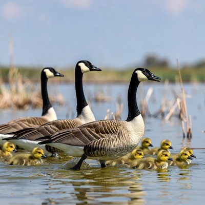 Canada Geese with Goslings in Water