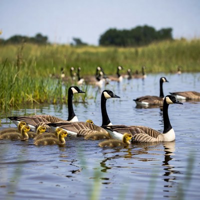 Canada Geese with Goslings in Water