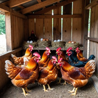Chickens in wooden coop with eggs