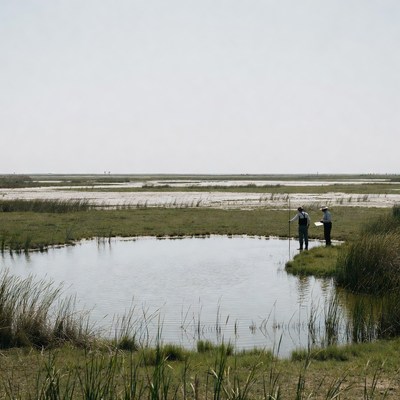 Two men fishing in marshland