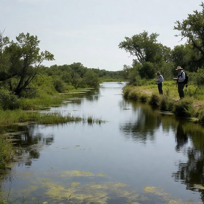 Two men fishing by river