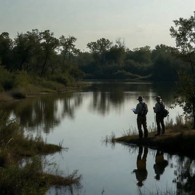 Two men observing river with binoculars