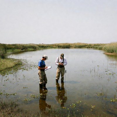 Two men surveying wetland with clipboard