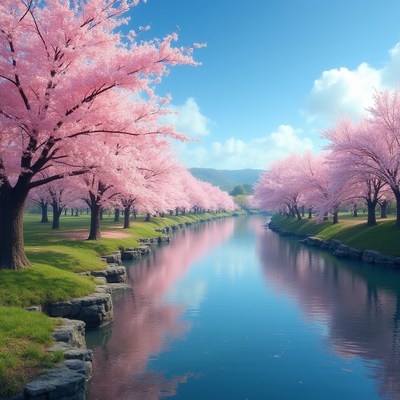 Cherry Blossom Lined River Path