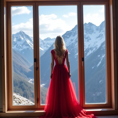 Woman in red dress viewing mountains