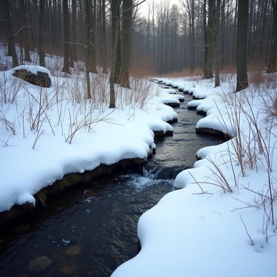 Snowy Creek in Winter Forest