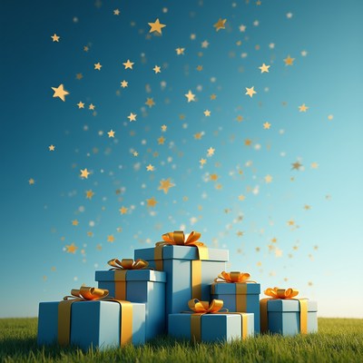 Stack of Blue Gift Boxes on Grass