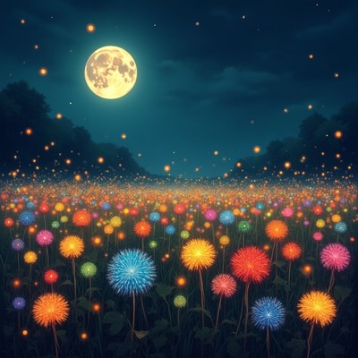 Colorful Dandelions Under Full Moon