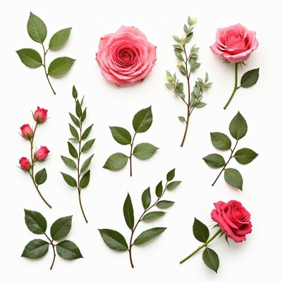 Pink Roses and Leaves Flat Lay