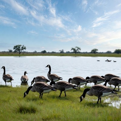 Canada Geese Grazing by Lake