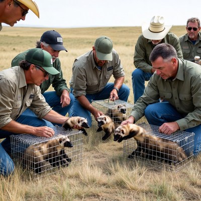 Men handling black-footed ferrets outdoors