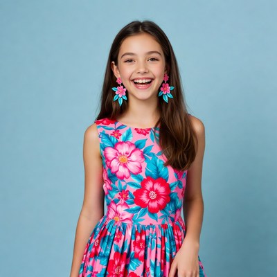 Girl smiling in pink floral dress