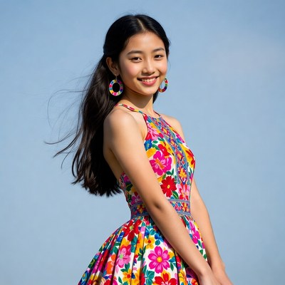 Asian girl in colorful floral dress