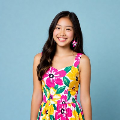 Asian girl smiling in floral dress
