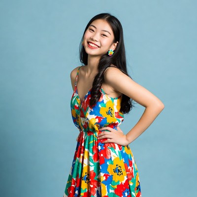 Asian girl smiling in colorful floral dress