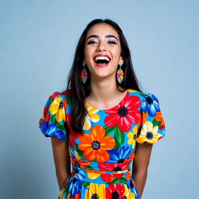 Young woman laughing in colorful floral dress