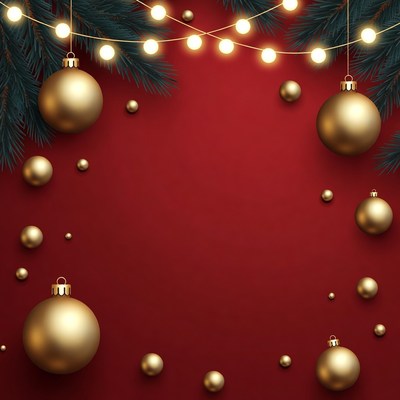 Gold Christmas Ornaments on Red Background