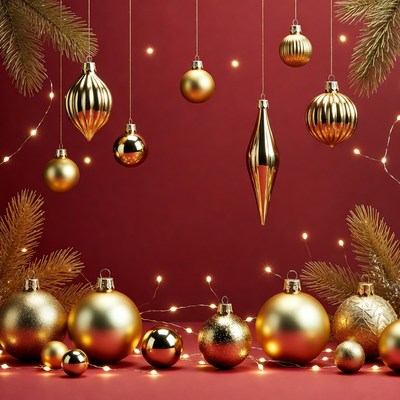 Gold Christmas Ornaments on Red Background
