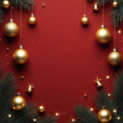 Gold Christmas Ornaments on Red Background