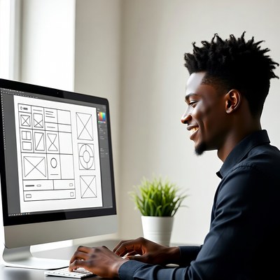 African-American man designing on computer