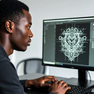 African-American man designing on computer
