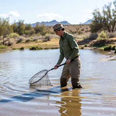 Man netting wildlife in desert pond
