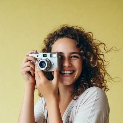 Smiling woman holding vintage camera