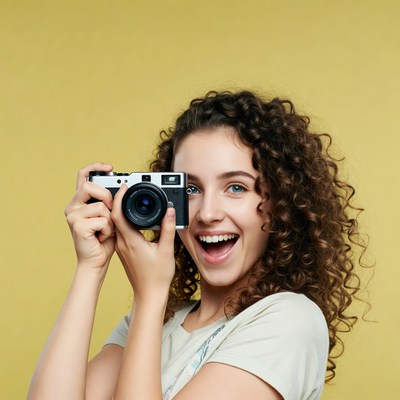 Young woman holding vintage camera