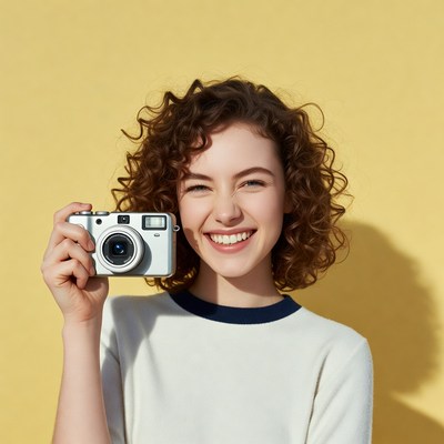 Smiling woman holding camera