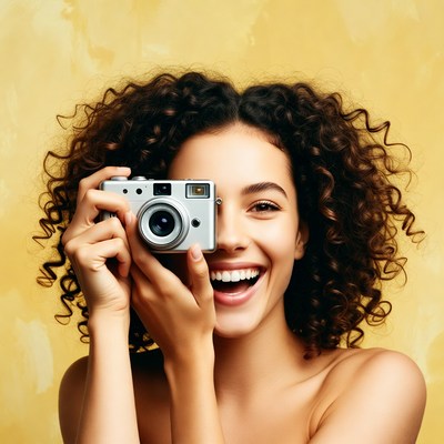 Woman holding camera smiling