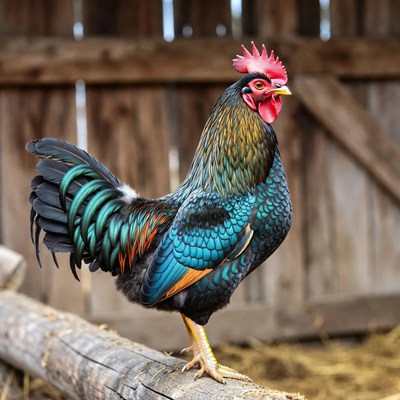 Colorful Rooster Standing on Wooden Log