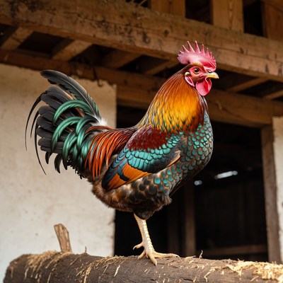 Colorful Rooster Standing on Log