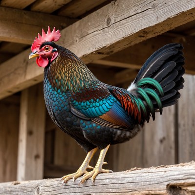 Colorful Rooster Standing on Wooden Fence