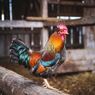 Colorful Rooster Standing on Log