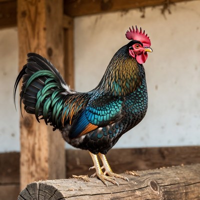 Colorful Rooster Standing on Wooden Perch