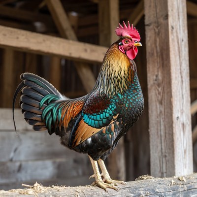 Colorful Rooster Standing in Barn
