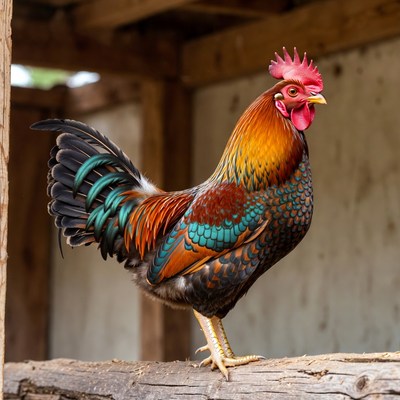 Colorful Rooster Standing in Wooden Coop