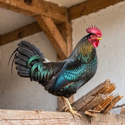 Colorful Rooster Standing on Wooden Beam