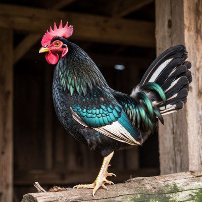 Rooster standing on wooden perch